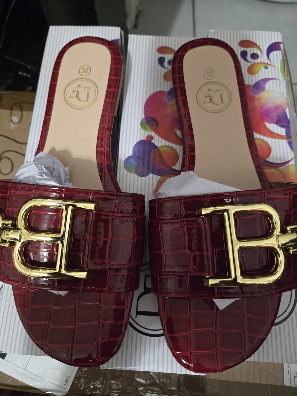 Women’s Red Croc-Embossed Slide Sandals with Gold Buckle